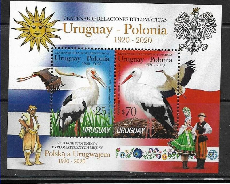 URUGUAY 2020 POLAND DIPL REL.100° ANIV FAUNA BIRDS TYPICAL DRESSES FLAGS S/S MNH