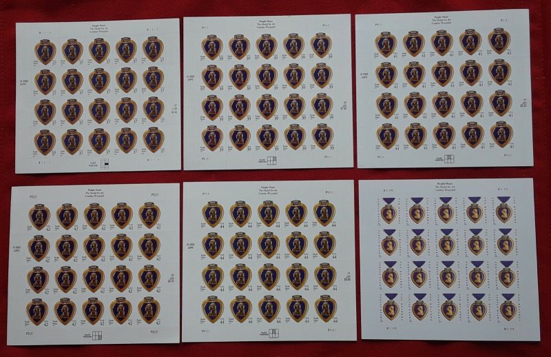 ONE (1) pane each of PURPLE HEART 37¢, 39¢, 41¢, 42¢, 44¢ & FOREVER Stamps