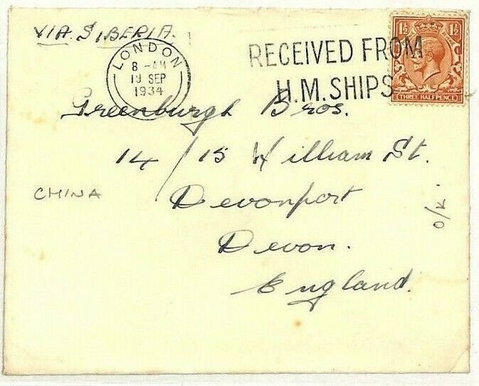 CHINA Station Cover GB NAVAL London *Received HM Ships* 1934 Machine Devon QQ101