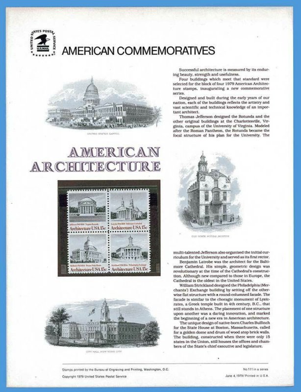 USPS COMMEMORATIVE PANEL #111 AMERICAN ARCHITECTURE #1779-82