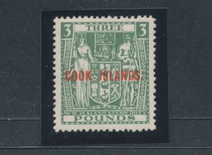1936-44 COOK ISLANDS, Stanley Gibbons n. 123b- £3 GREEN - New Zealand stamp sup