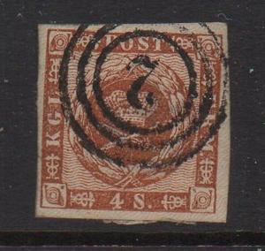 Denmark Sc 7a 1858 4s brown Royal Emblems stamp used