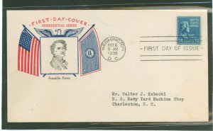 US 819 1938 14c Franklin Pierce (presidential/prexy series) single on an addressed first day cover with a Fidelity cachet.