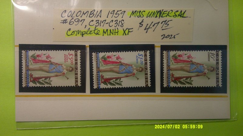 Colombia 1959 Scott# 697, C317-C318 Complete MNH XF Set of 3 Miss Universe
