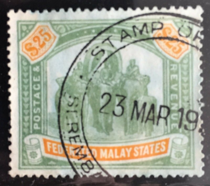 Malaya Federated Malay States FMS 1909 $25 Used wmk MCCA SG#51 M2904