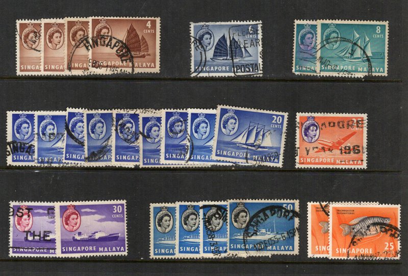 Singapore 1955 QEII 25 Used Stamps With Duplication