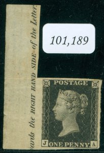 SG 2 1d black plate 7 lettered JA, left hand marginal with the selvedge...