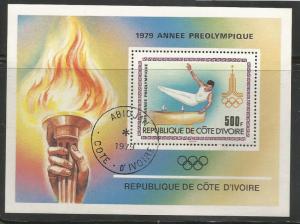 IVORY COAST 527, USED SOUVENIR SHEET, GYMNASTICS, PRE OLYMPIC YEAR