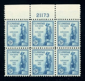 US Stamp #734 Kosciuszko 5c - Plate Block of 6 - MNH - CV $28.00