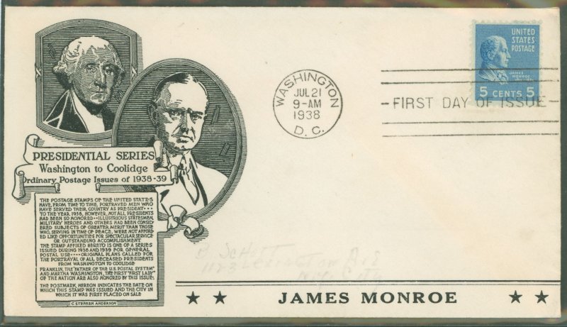 US 810 1938 5c James Monroe (Part of the Presidential-Prexy Series) on an addressed (erased) FDC with an Anderson Cachet