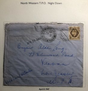 1947 North Western England Cover Traveling Post Office TPO To Verona NJ USA