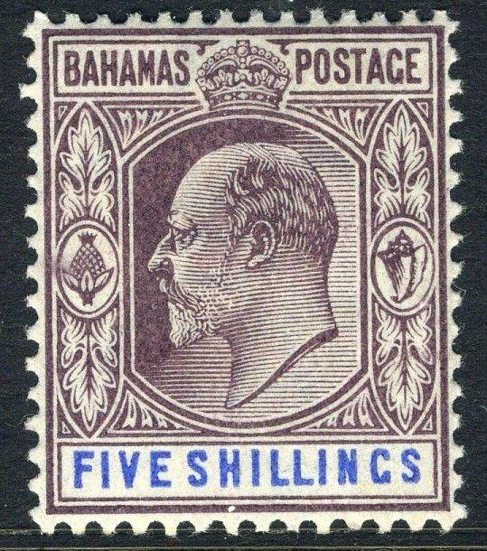 BAHAMAS-1902-10 5/- Dull Purple & Blue.  A lightly mounted mint example Sg 69