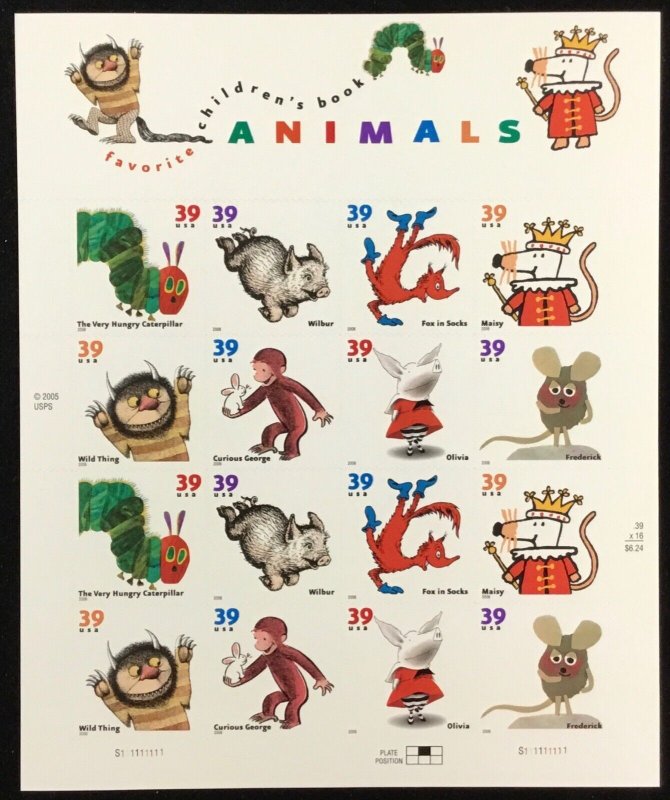 3987-3994 Favorite Children’s Book Animals  MNH  39 c Sheet of 16 FV $6.24 2006