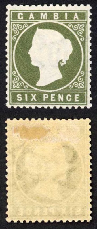 Gambia SG32d QV 6d Olive-green Wmk Crown CA M/M