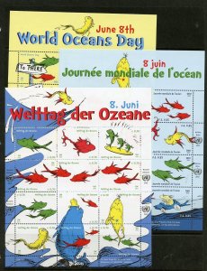 UNITED NATIONS 2013 OCEANS DAY SET OF THREE SHEETS NY, GENEVA & VIENNA MINT NH