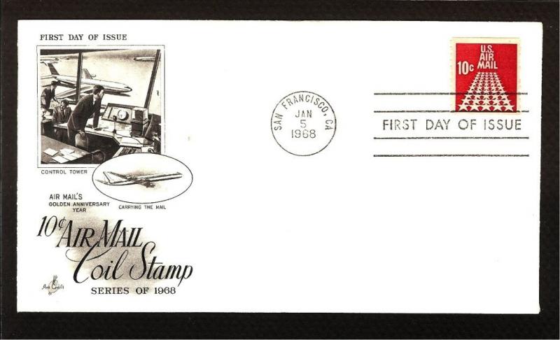 FIRST DAY COVER #C73 50-Stars Runway 10c Airmail Coil ARTCRAFT U/A FDC 1968
