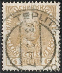 AUSTRIA 1913  Sc 114a Used 6h  Leopold II VF, TEPLITZ  Czech postmark