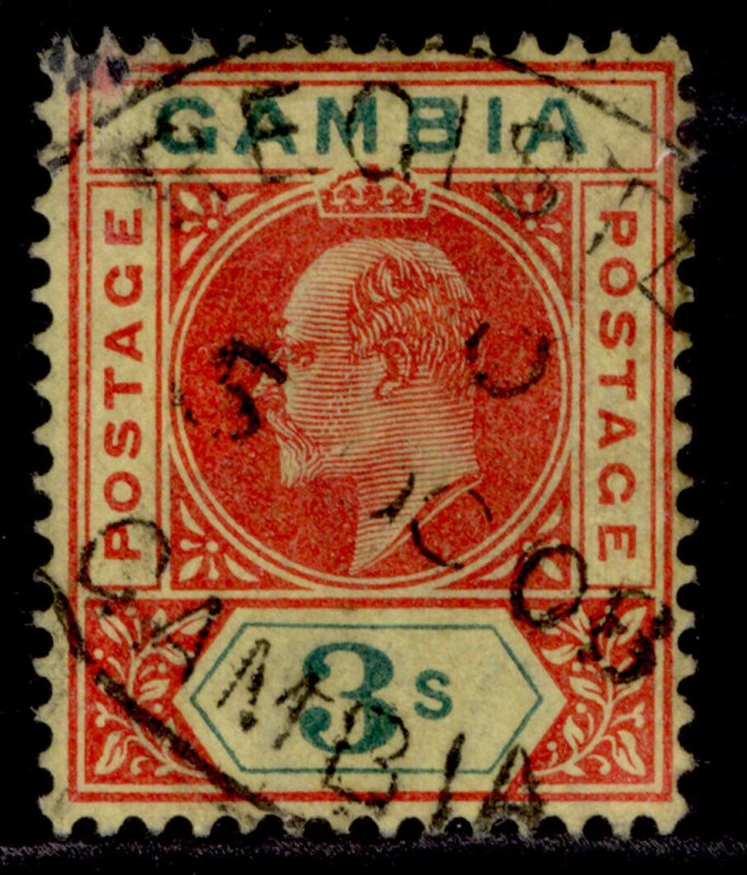 GAMBIA EDVII SG56, 3s carmine & green/yellow, VERY FINE USED. Cat £70. CDS