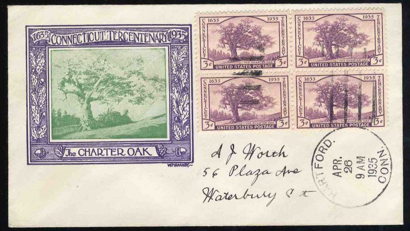 United States First Day Covers #772-1b, 1935 3c Connecticutt block of four , ...