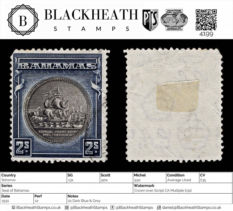 4199: Bahamas SG131 2s Dark Blue & Grey. 1931. Sc#90a Mi93a Average Used. C£35