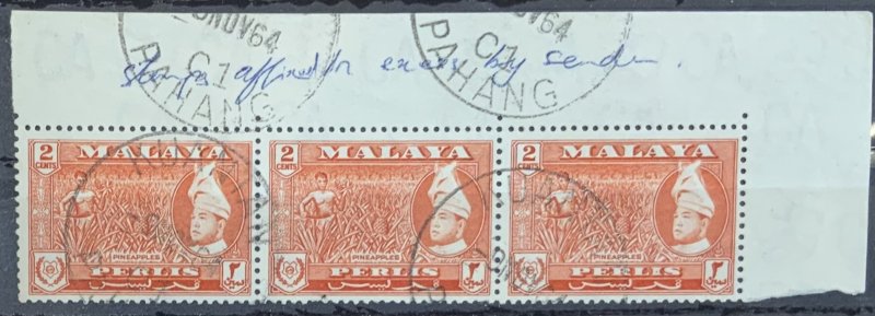 PERLIS (USED IN PAHANG) 1957 2 CENTS SG30  STRIP OF 3 USED