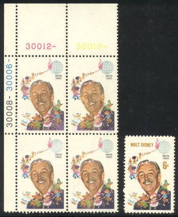 U.S. #1355a RARE Plate Block - 1968 6c Disney, Ocher Omitted