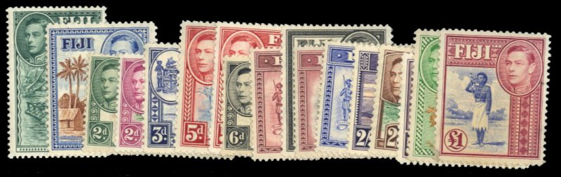 Fiji #117/131B Cat$200, 1938-55 George VI, complete except for 1 1/2p, distur...