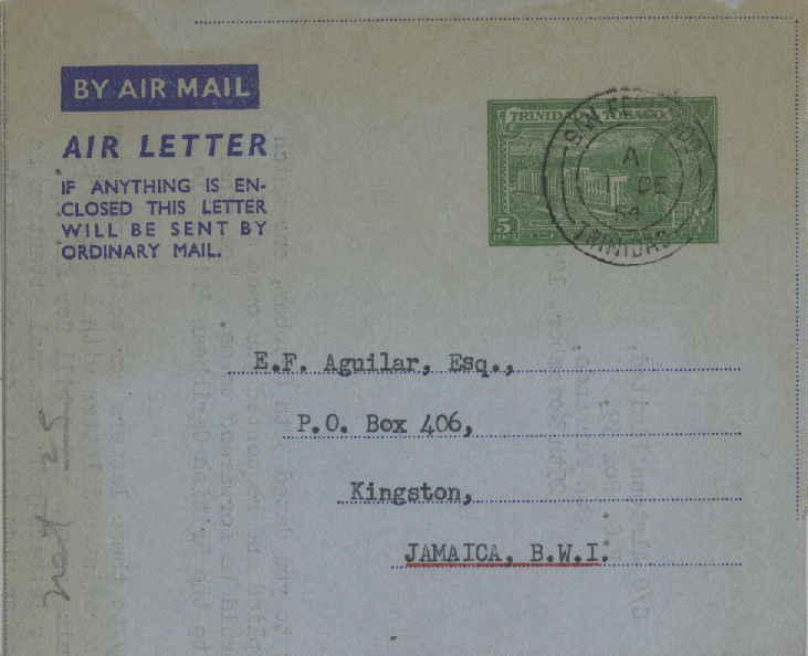 Trinidad 5c KGVI General Post Office and Treasury Air Letter 1954 San Fernand...