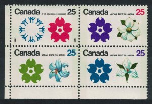 Canada Flowers World Fair Osaka 4v Corner Block of 4 Tagged 1970 MNH