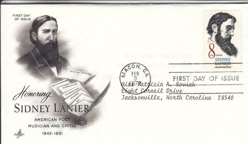 1972, Honoring Sidney Lanier, Artcraft, FDC (D15132)