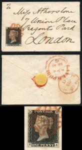 Penny Black (HA) Plate 3 SUPERB 4 MARGIN Tiny Envelope Contrary to Regulations