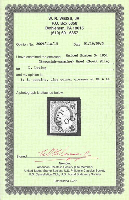 11A Used, Brownish Carmine, Weiss Cert, Free, Insured Shipping