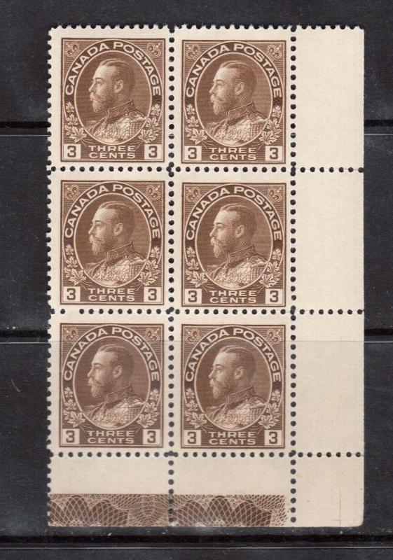 Canada #108 Lathework D VF/NH Corner Block Of Six