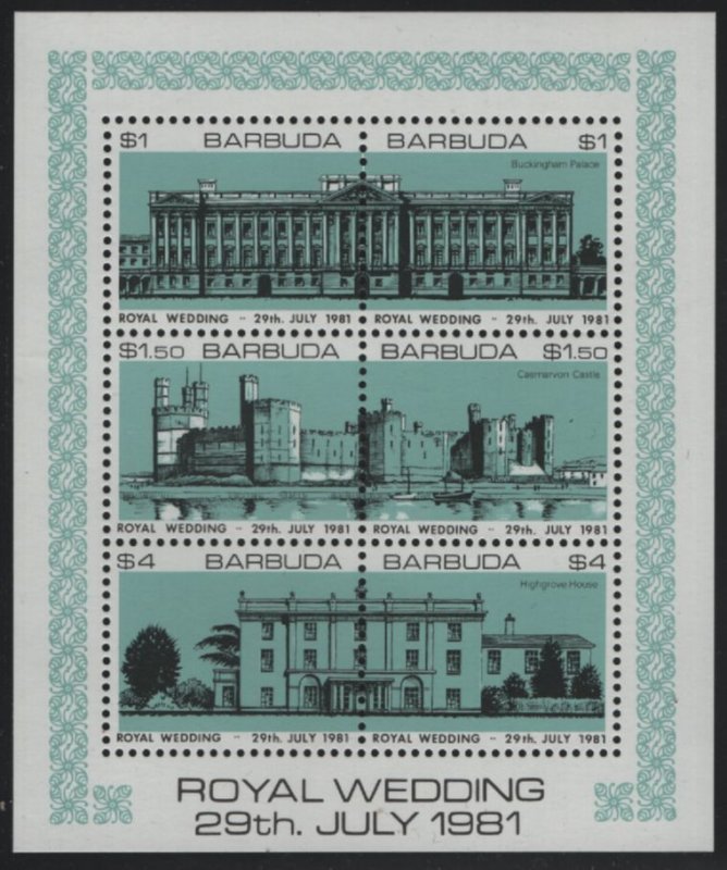 Barbuda 1981 MNH Sc 495 Buckingham Palace, Caernarvon Castle, Highgrove House