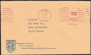 SOLOMON IS 1969 Official cover to South Africa - Honiara Paid red meter....A7740