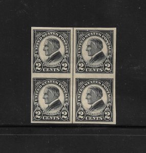 US Stamps: #611; 2c 1923 Imperf Black Harding; Block/4 w/Vert. Line; MH