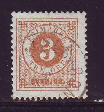 Sweden Sc 28 1877 3 ore ore numeral of value stamp used