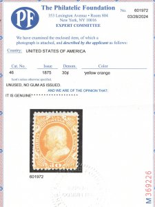 USA #46 Very Fine Mint Without Gum As Issued **With Certificate**