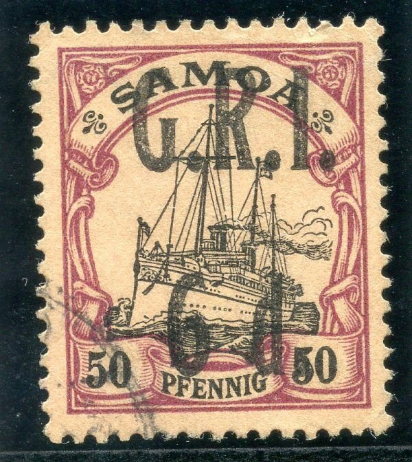 Samoa 1914 KGV 6d on 50pf black & purple/buff very fine used. SG 108. Sc 108.