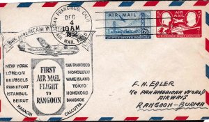 U.S. 1952 5c. Air Mail Envelope + 25c C36 Pan Am. Airways First Flight  Rangoon