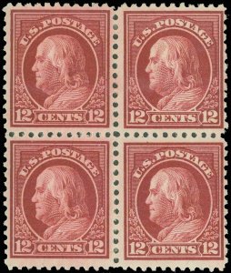 US Scott #512a, 12¢ Franklin Head Mint Block/4, Top 2 NH, 2 LH, SCV $36.00! (SK)