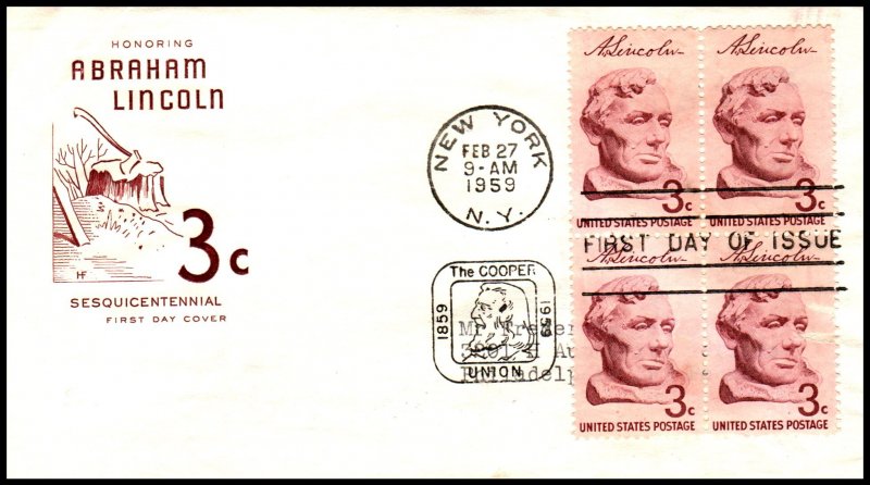 US 1114 Abraham Lincoln Block of Four House of Farnam Pencil FDC