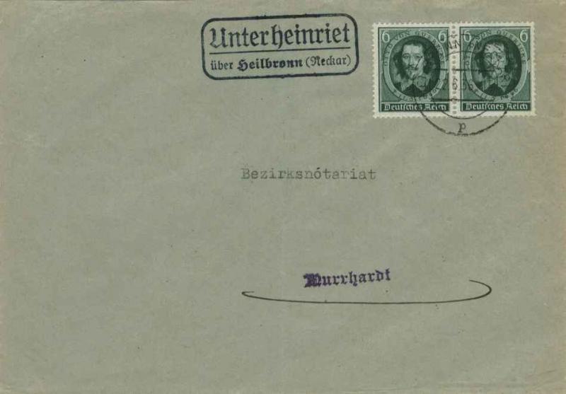 Germany 6pf Otto von Guericke Anniversary (2) 1936 Heilbronn (Neckar) to Murr...