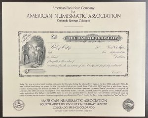 ABNC SO23 1982 Souvenir Card Bank of Ruby City, Colorado Certificate of Deposit