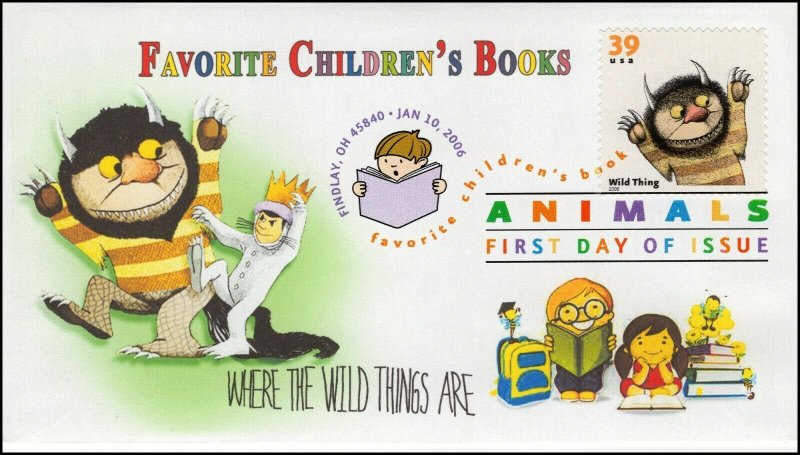 AO-3991-1, 2006, Favorite Children’s Book Animals, FDC, DCP, SC 3990, Wild Thing