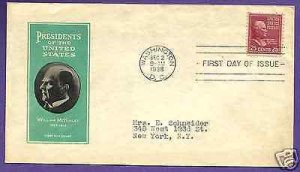 829  McKINLEY 25c 1938, IOOR FIRST DAY COVER, ADDR.
