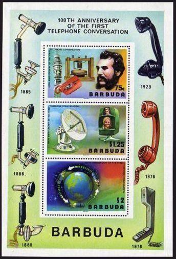 Barbuda 260-262,262a sheet,MNH. 1977.Alexander Graham Bell,Satellites,Globe.