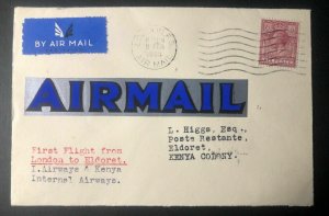 1935 London England First Flight Cover FFC To Eldoret Kenya Imperial Airways