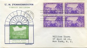 United States First Day Covers #802, 1935 3c Virgin Islands, block of four, W...