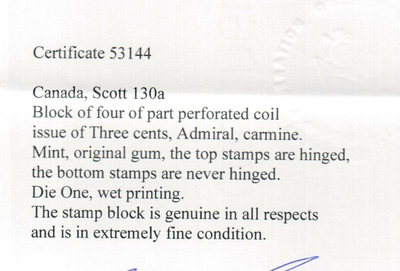 Canada #130a Extra Fine Mint Block **With Certificate**